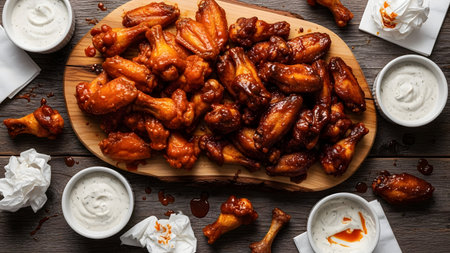 A platter of spicy chicken wings served with four bowls of creamy dipping sauces on a wooden table.の素材
