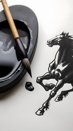 Close up of black ink brush with ink palette and detailed horse drawing on white paper.の素材