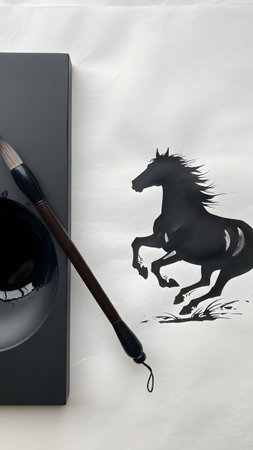 Close up of black ink brush painting showing a running horse on white paper with ink and brush nearbyの素材