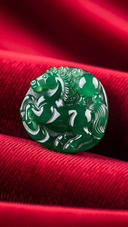 Detailed green jade horse sculpture placed on red velvet fabric with soft folds and rich texture.の素材
