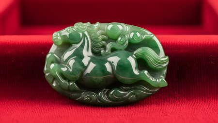 Close up of a green jade mythical lion sculpture resting on a red velvet surface.の素材