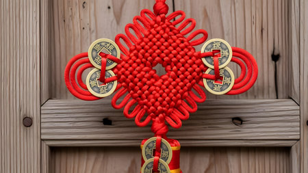 Beautiful Chinese red knot with golden coins hanging on a wooden wall symbolizing luck and prosperity.の素材