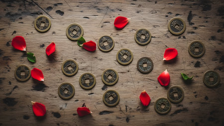 Old coins arranged with red rose petals on a rustic wooden background symbolizing history and love.の素材