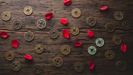 Old Chinese coins scattered with red rose petals on rustic wooden surface symbolizing tradition and luck.の素材