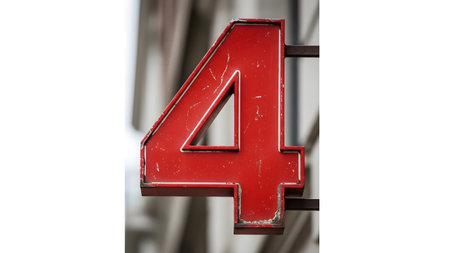 Close up of red number four sign attached to building with blurred backgroundの素材