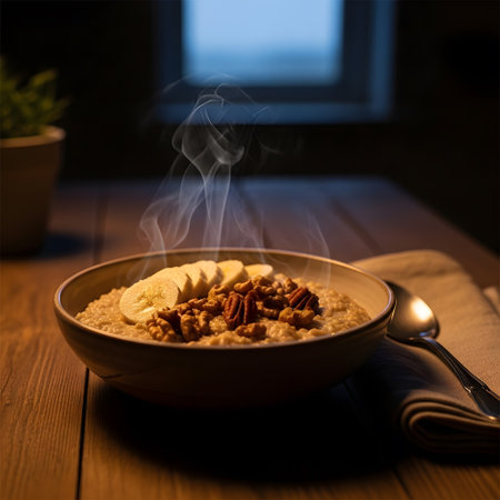 Hot oatmeal in a bowl with banana slices and pecan nuts served on a wooden table with steam risingの素材