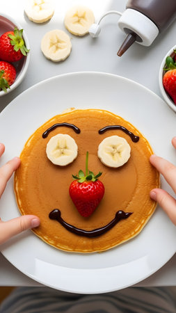 pancake decorated with banana slices strawberry and chocolate sauce to create a smiling face on a white plateの素材