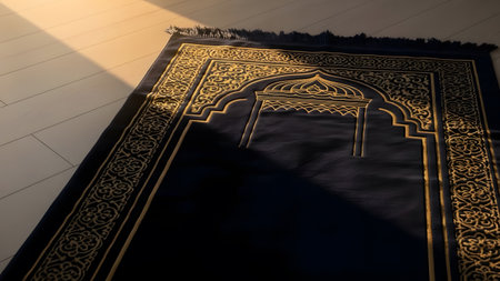 Dark prayer rug with gold design illuminated by sunlight on wooden floor in peaceful setting.の素材