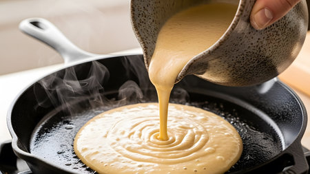 Hand pouring smooth batter into a black frying pan with steam rising, preparing fresh pancakesの素材