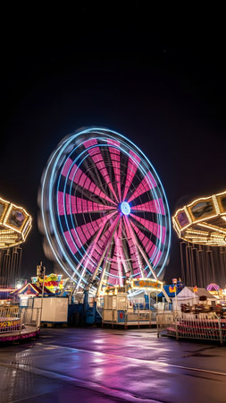 Colorful illuminated ferris wheel spinning at night carnival with vibrant lights and festive atmosphereの素材