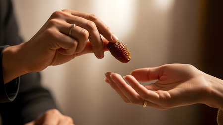 Two hands exchanging a date fruit symbolizing sharing warmth and kindness in a soft light setting.の素材