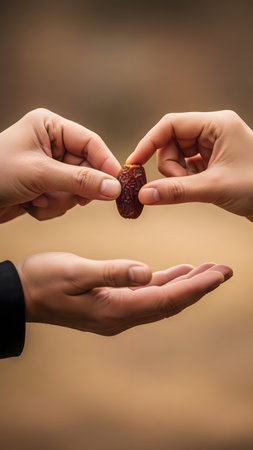 Close up of hands offering a date fruit with an open palm below and blurred backgroundの素材
