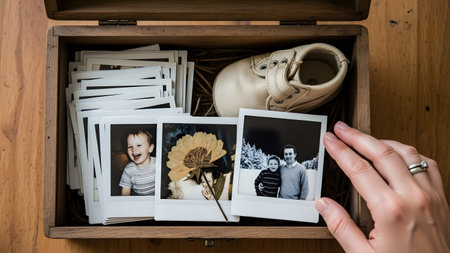 A wooden box filled with family photos and a small baby shoe on a wooden surface with a hand holding one picture.の素材