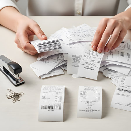 Hands sorting and organizing multiple printed receipts on a white desk alongside a stapler and paper clips in an office settingの素材