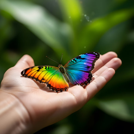 A vibrant rainbow colored butterfly gently resting on an open human hand in natural outdoor setting with green blurred backgroundの素材