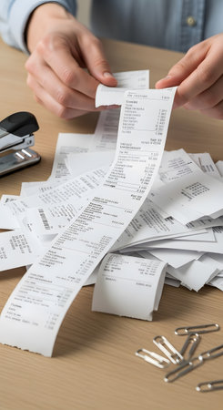 Hands sorting long receipts on a wooden table with staples and a stapler nearby for financial management and expense trackingの素材