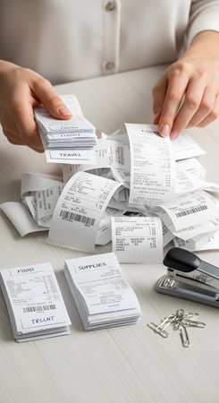 Person sorting and arranging numerous receipts on a white table with a stapler and keys nearby in an indoor settingの素材