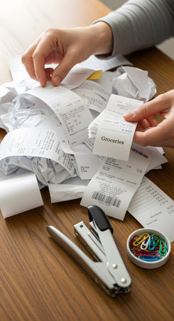 hands sorting grocery receipts on wooden surface surrounded by stapler and colorful paper clips for organizationの素材