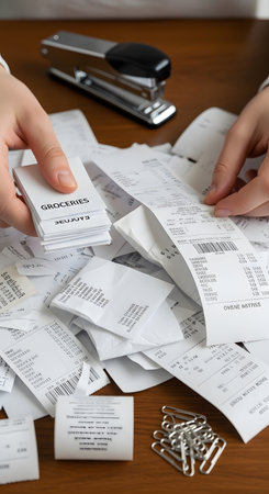Hands organizing grocery receipts with a stapler on a wooden surface surrounded by various papers and paper clips.の素材