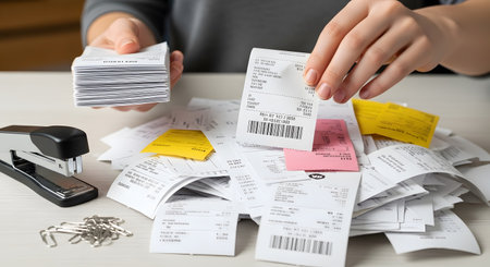 Hands sorting and managing many printed receipts and papers on a white table surfaceの素材