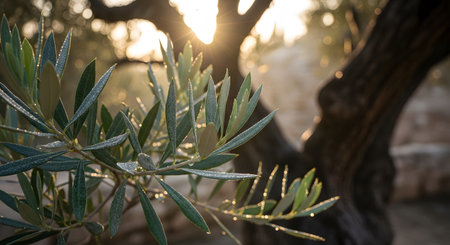 Detailed view of green olive tree branches illuminated by warm sunlight in an outdoor garden with blurred tree trunk in backgroundの素材