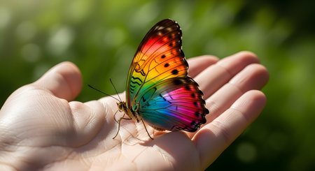 a vibrant rainbow butterfly perched gently on an open adult hand with a blurred green background in natural lightの素材