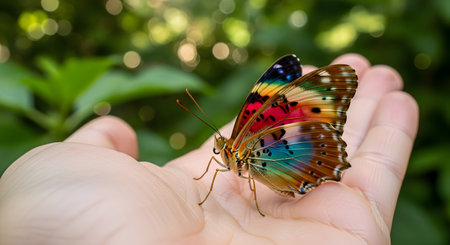 a vibrant multicolored butterfly sits gently on an open human palm in natural outdoor setting with green foliage backgroundの素材