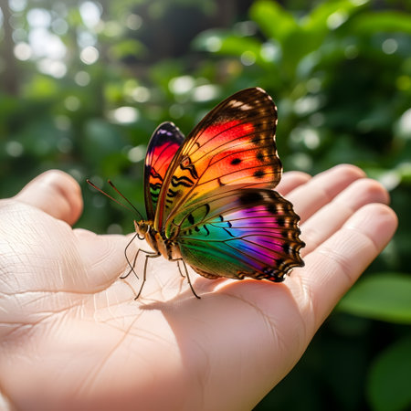 a vibrant butterfly with multicolor wings perched gently on an open human hand in a natural outdoor settingの素材