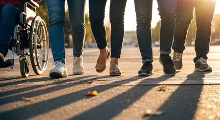 a diverse group of people walking together on a sunlit street including a person in a wheelchair promoting inclusivity and mobilityの素材