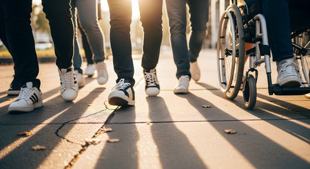 Group of people walking on a sunny sidewalk with one person using a wheelchair in an urban park settingの素材