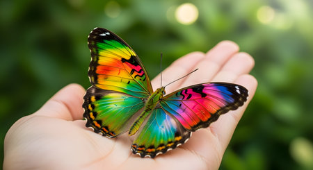 a vibrant butterfly with multicolored wings resting gently on an open human hand outdoors with natural green foliage in soft focusの素材