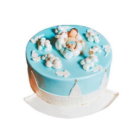 Cake for christening party for boyの写真素材
