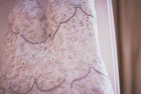 Detail of stitched lace net luxury wedding dressの写真素材