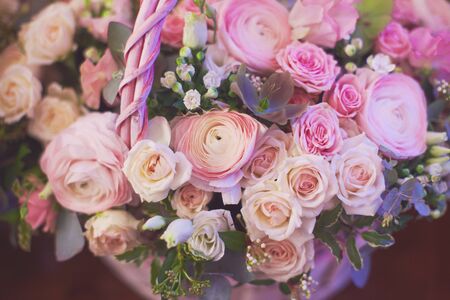 Baskets of flowers on celebration event hallの写真素材