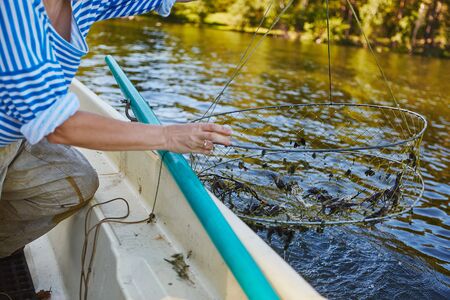 Process of cacthing  crawfish  and tackle in sweet water mountain lake