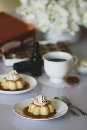 Cream jelly served with milk liqueurの写真素材