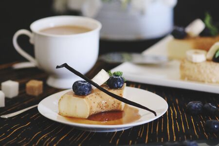 Coffee mousse served with fruits and berriesの写真素材