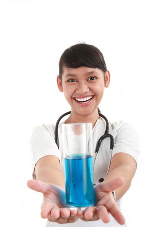 doctor with blue liquid medicineの写真素材
