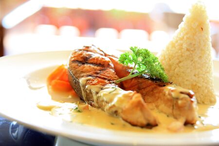 salmon steak fish with riceの写真素材