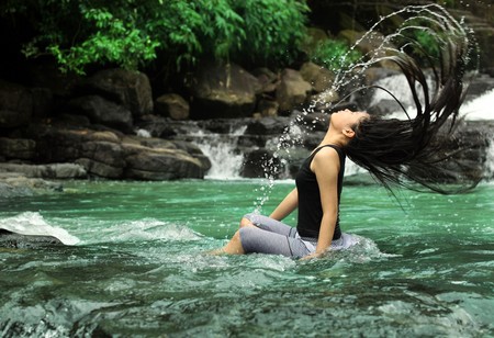 long hair splash in natureの写真素材