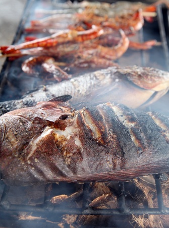 barbecue cooking fishの写真素材