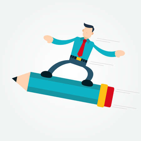 Businessman Flying Up Using Pencil as a Rocketのイラスト素材