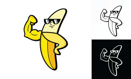 Illustration vector graphic of muscle banana showing his bicep. Perfect for nutrition product, etc.のイラスト素材