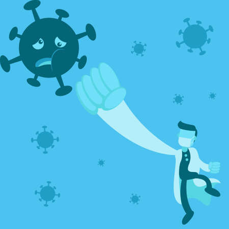Illustration vector graphic cartoon character of doctor hits the corona virus. Good to use for healthcare and medical content.のイラスト素材