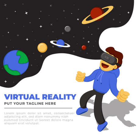 Illustration vector graphic cartoon character of boy play with virtual reality. Good to use on promotion kit for device, gadget, toys or video game store.のイラスト素材
