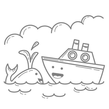 Illustration vector graphic cartoon character of Whale and Ship in outline doodle art kawaii style. Suitable for children coloring book.のイラスト素材