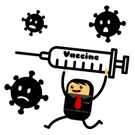 Illustration vector graphic of cute chibi businessman cartoon character running with vaccine. Suitable for vaccination campaign.のイラスト素材