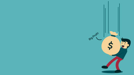 Big Profit Illustration. Illustration of male cartoon character catch a big bag of money.のイラスト素材