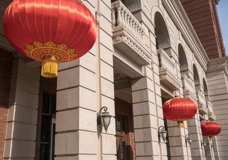 Red lanterns in Tianjin Financial Streetのeditorial素材