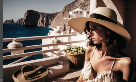 a happy young women enjoy her time relaxing on her holiday home balcony overlooking the stunning scenery of Paradise rock sea side Greeceの写真素材